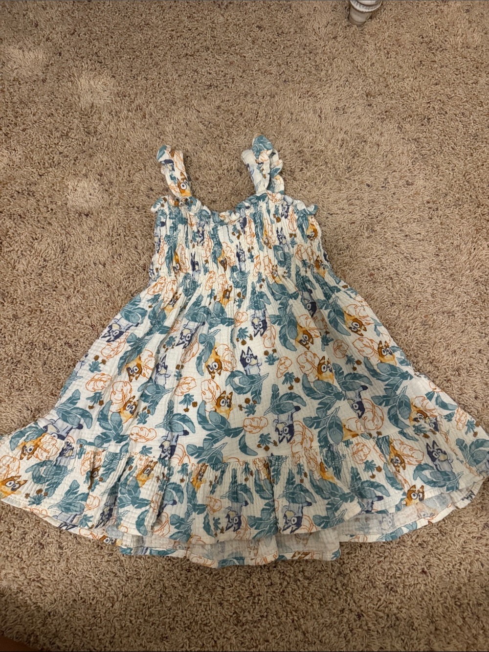 Bluey Smocked Floral Owl Print Girls' Sundress - White & Teal